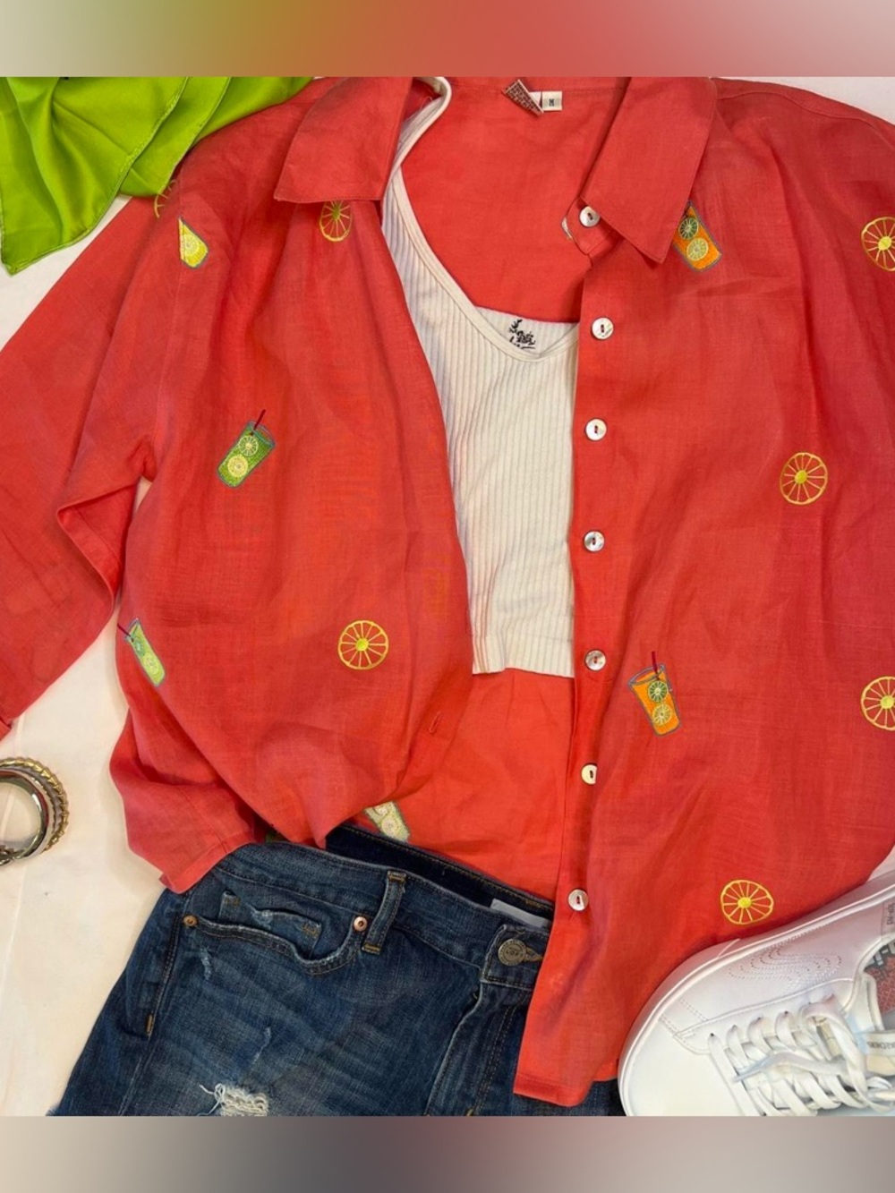Citrus Print Red-Orange Button-Up Shirt cocktail margarita